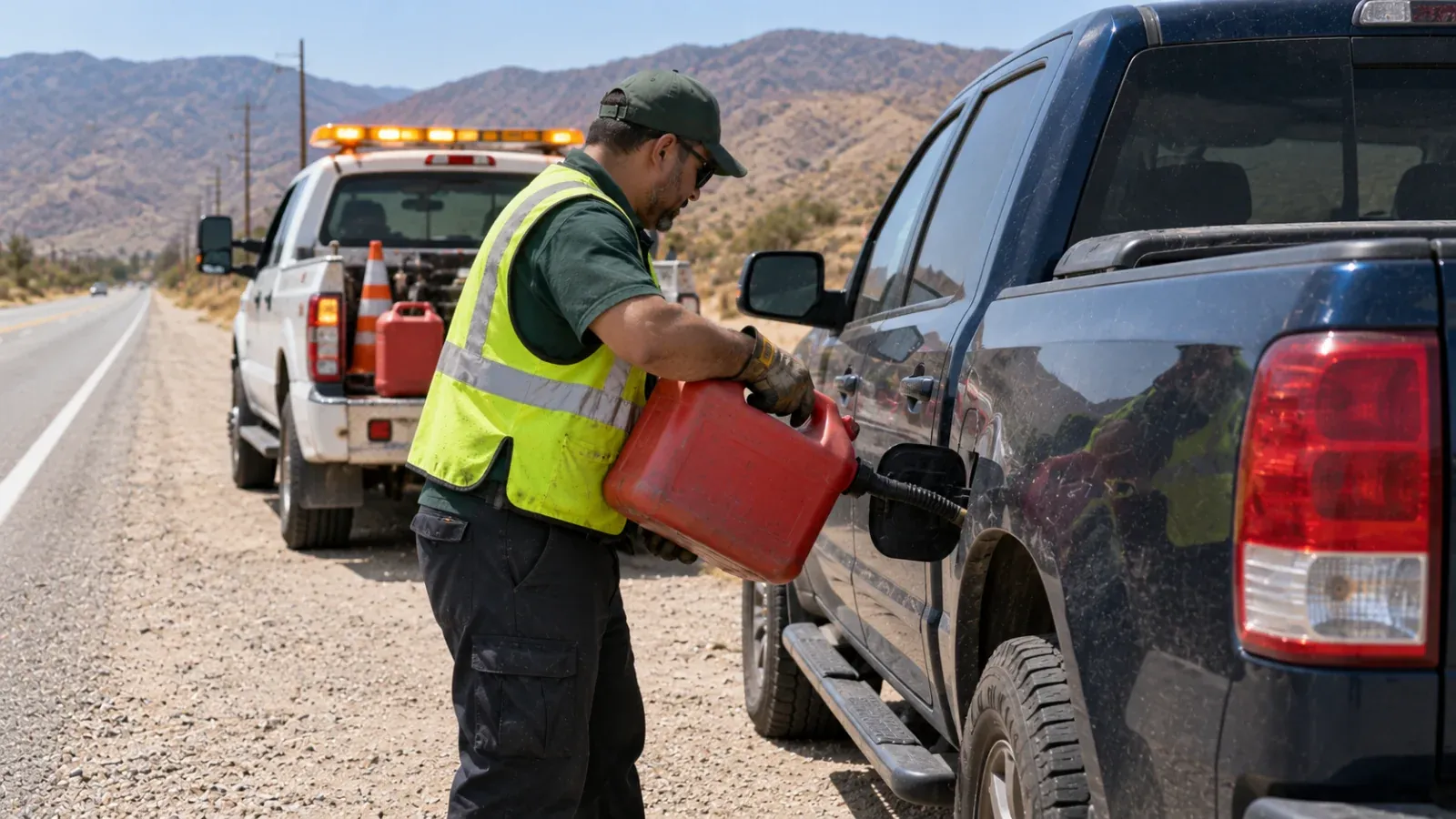 Emergency fuel delivery: technician pouring gas from a red can into a stranded pickup near San Jacinto, CA