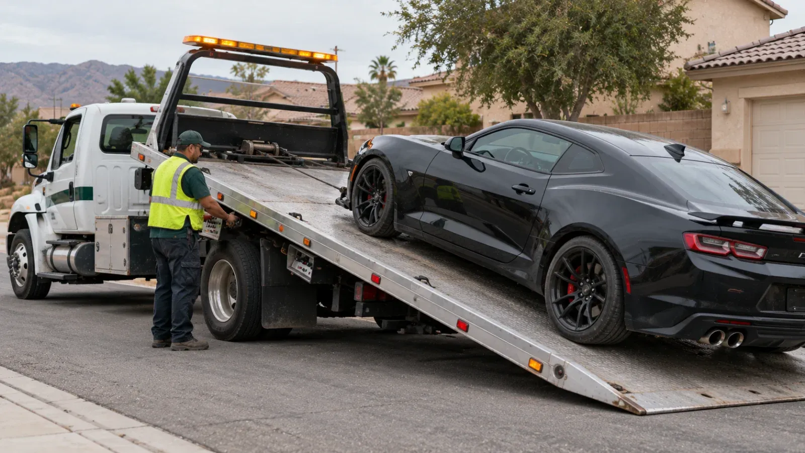 Black sports car being winched onto a flatbed tow truck on a residential street in San Jacinto, CA