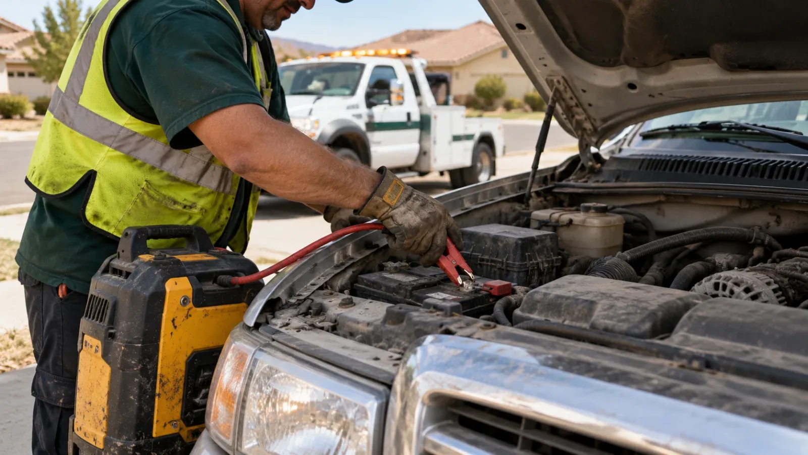 Tow operator jump-starting a pickup truck battery with a portable jump pack in San Jacinto, CA