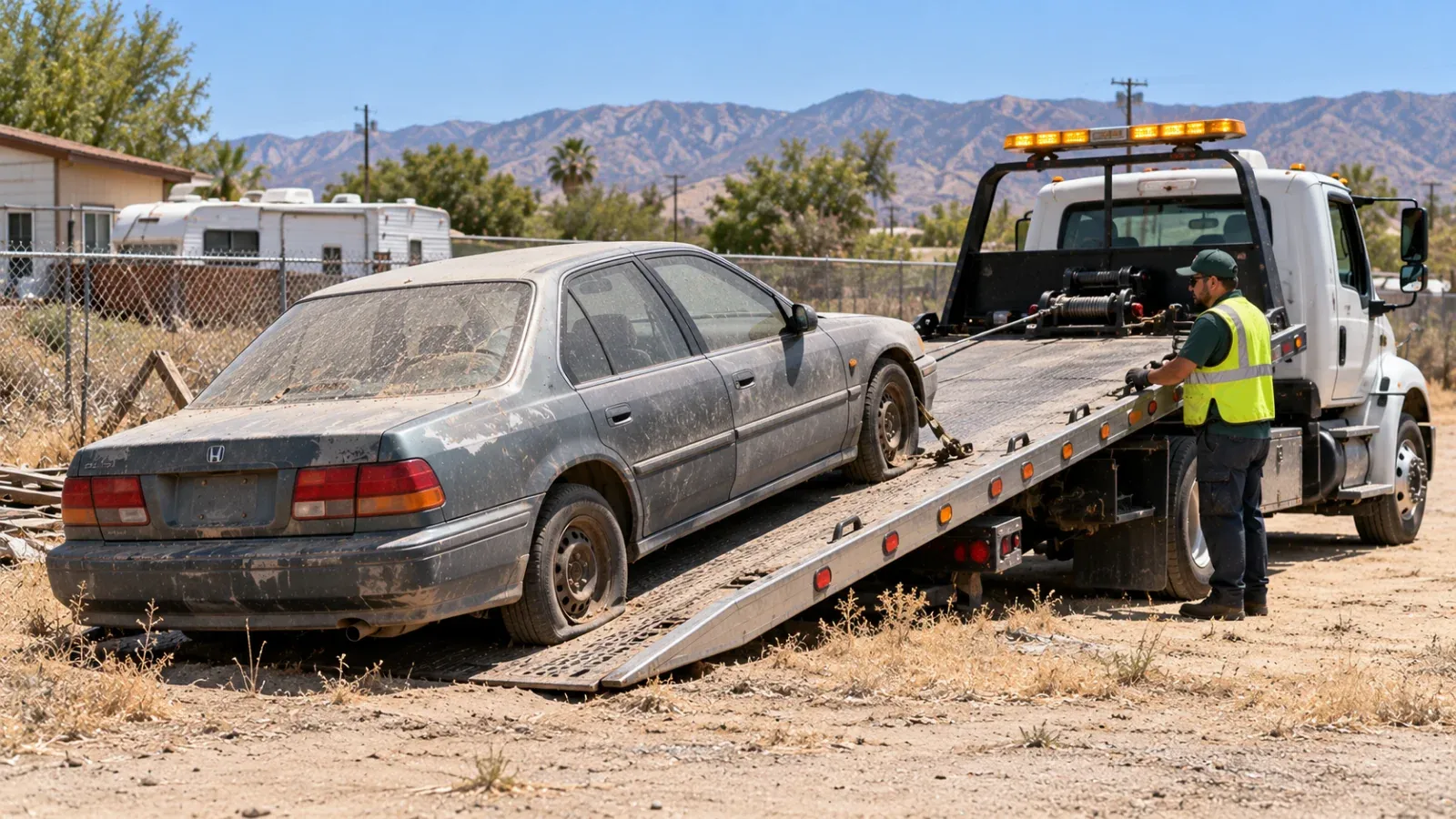 Old junk car being loaded onto a flatbed tow truck from a rural yard in the San Jacinto Valley