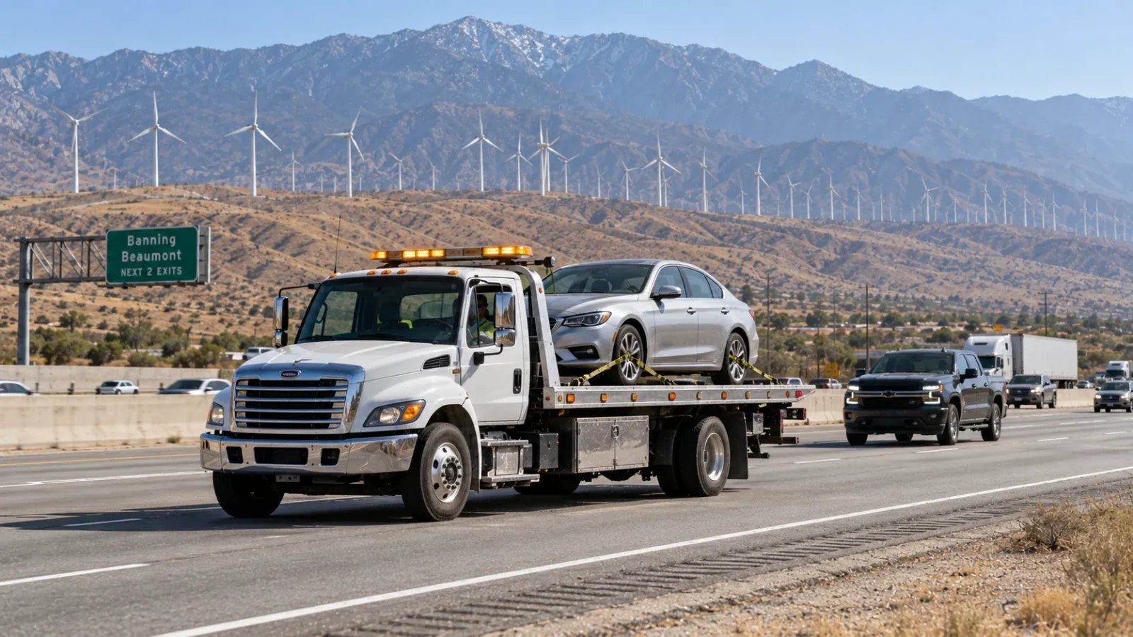 Flatbed tow truck carrying a sedan on Interstate 10 near Banning and Beaumont, CA