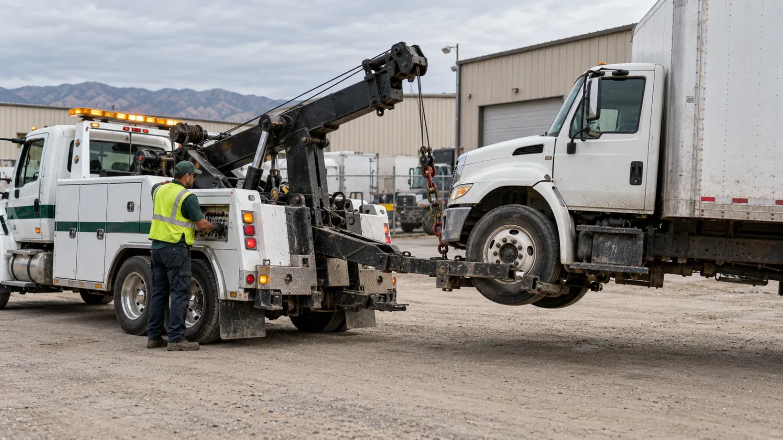 Medium-duty wrecker lifting a white box truck in an industrial lot in the Inland Empire, CA