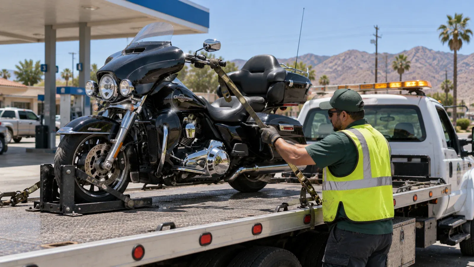 Touring motorcycle strapped in a wheel chock on a flatbed tow truck at a San Jacinto gas station