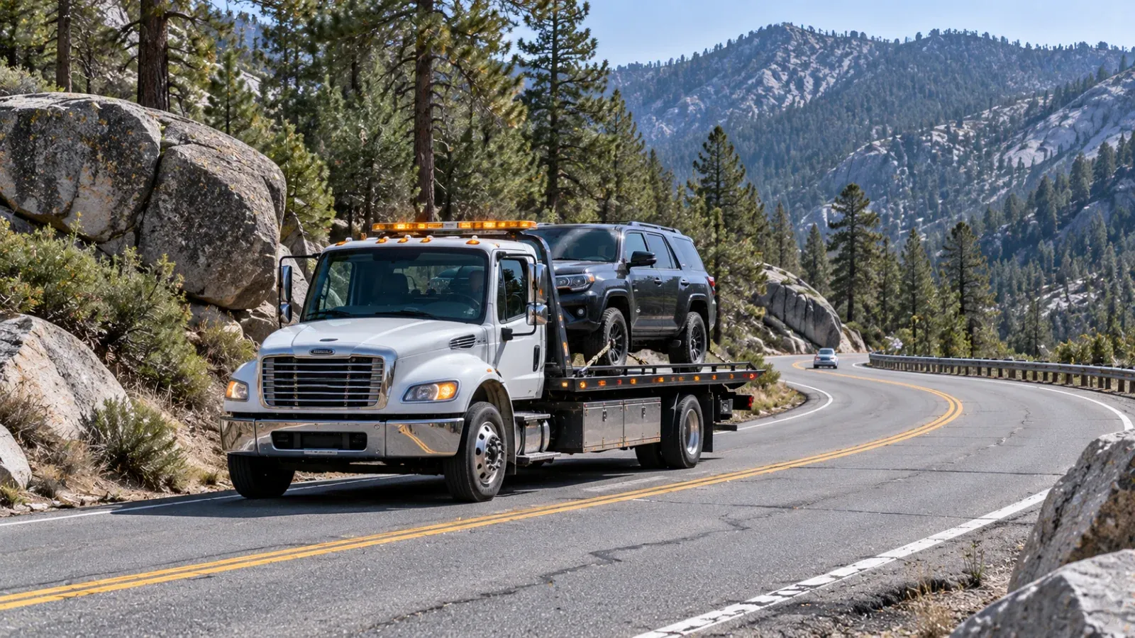 Flatbed tow truck carrying an SUV on the mountain highway to Idyllwild, CA