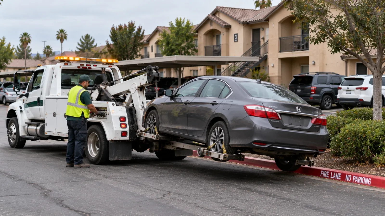 Wheel-lift tow truck removing a car parked in a fire lane at a Hemet, CA apartment complex