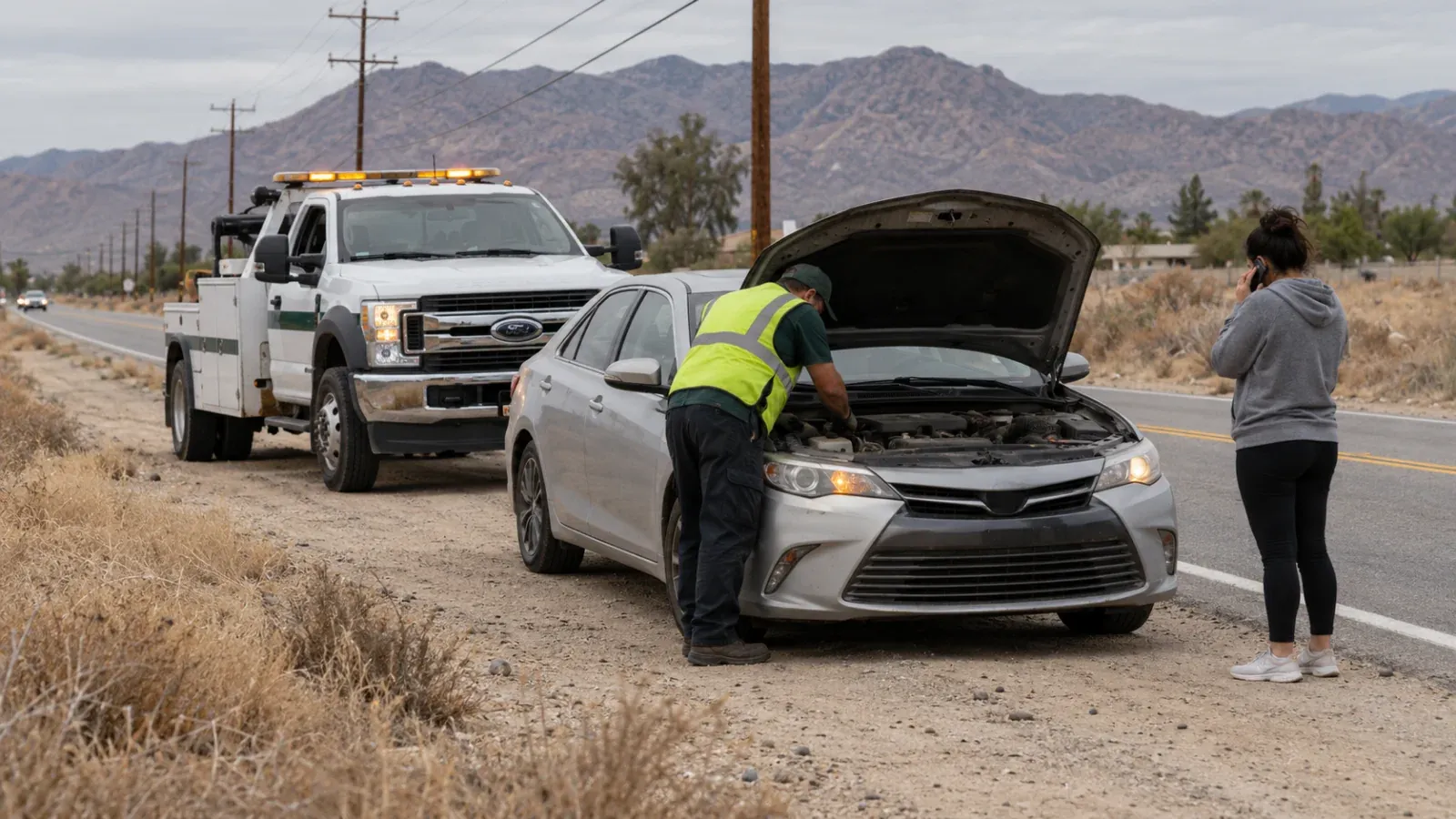 Roadside assistance technician checking a stalled silver sedan on a rural road near San Jacinto, CA