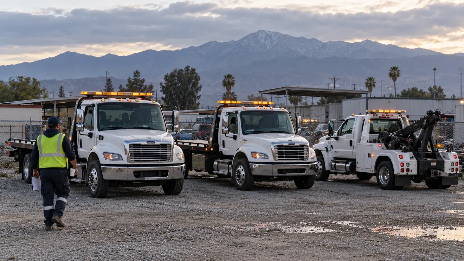 San Jacinto Towing & Recovery flatbeds and wrecker parked at the yard in the morning