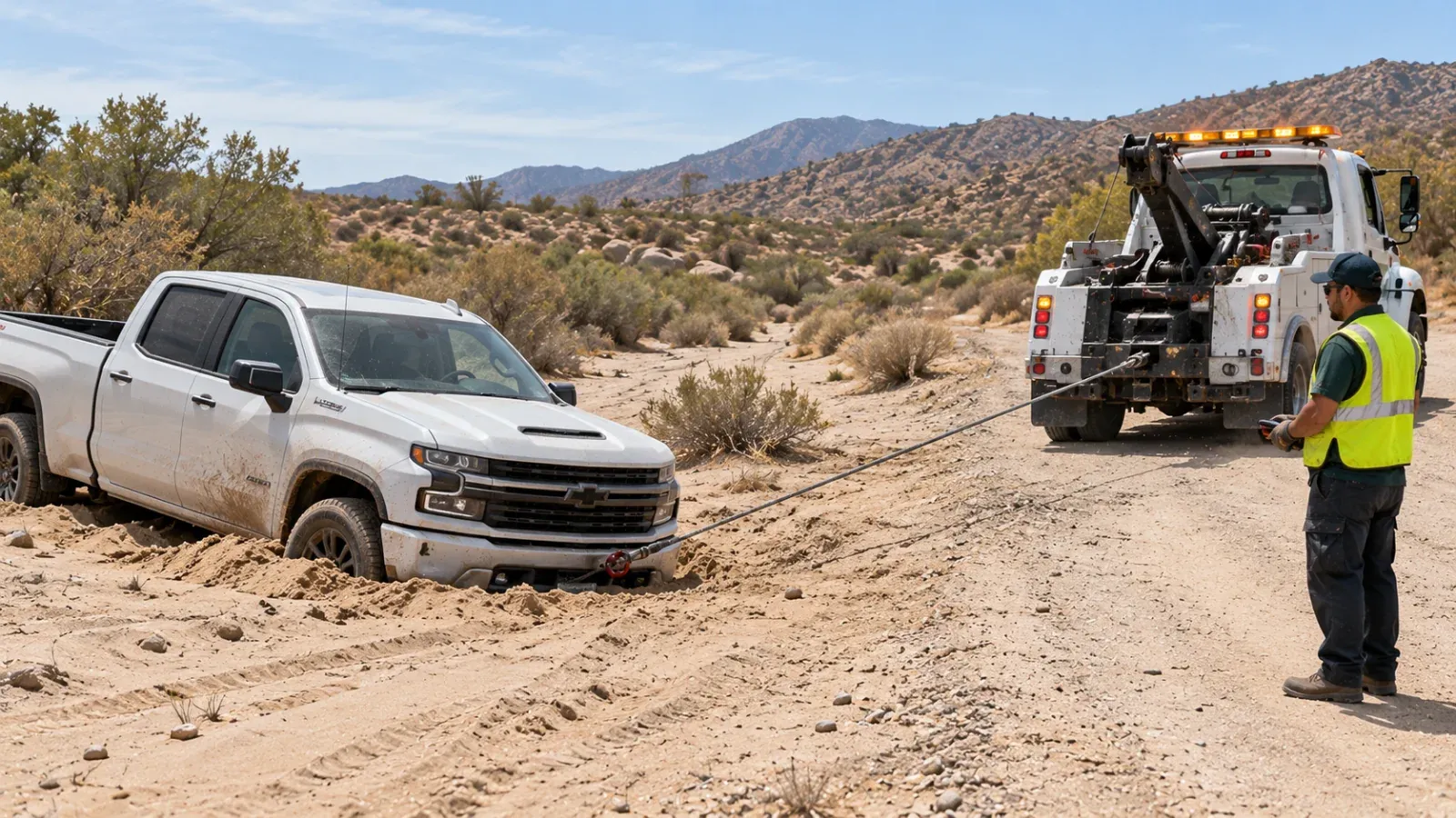 Tow truck winching a pickup stuck in sand out of a dry wash near Homeland, CA